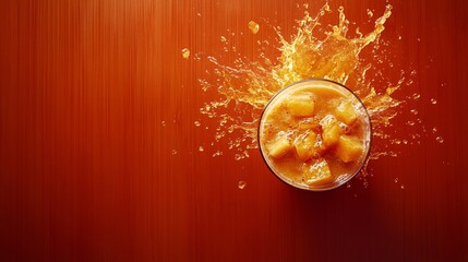 Fototapete - 45-degree topview Isolated on background a creamy papaya smoothie with an orange splash and papaya chunks displayed on a tropical orange background with side empty space for text Stockphoto style