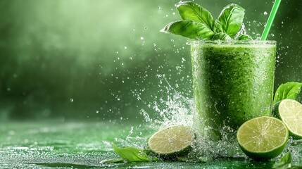 Fototapete - 45-degree topview Isolated on background a refreshing basil and lime smoothie splashing gently with basil leaves and lime slices on a fresh green background with side empty space for text Stockphoto
