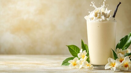 Fototapete - 45-degree topview Isolated on background a creamy vanilla smoothie with a soft white splash accented by vanilla pods on an ivory background with side empty space for text Stockphoto style