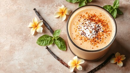 Fototapete - 45-degree topview Isolated on background a creamy vanilla smoothie with a soft white splash accented by vanilla pods on an ivory background with side empty space for text Stockphoto style