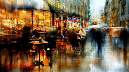 Rainy city street scene with blurred people, cafes, and shops.