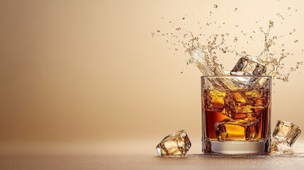 Fototapete - 45-degree topview Isolated on background a whiskey glass with rich golden-brown liquid splashing upward as ice cubes collide on a warm beige background with side empty space for text Stockphoto style