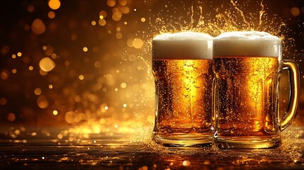 Fototapete - 45-degree topview Isolated on background two beer glasses clinking with a golden liquid splash erupting from their rims on a deep amber background with side empty space for text Stockphoto style
