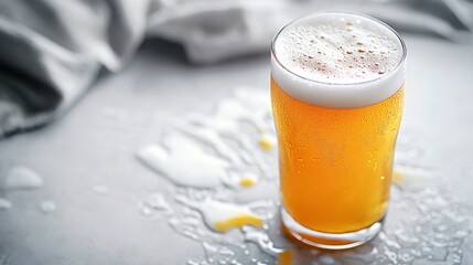 Fototapete - 45-degree topview Isolated on background a beer glass tilted slightly with foam spilling over the rim as golden liquid splashes outward on a crisp white background with side empty space for text