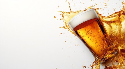 Fototapete - 45-degree topview Isolated on background a beer glass tilted slightly with foam spilling over the rim as golden liquid splashes outward on a crisp white background with side empty space for text