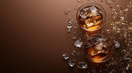 Fototapete - 45-degree topview Isolated on background two whiskey glasses toasting with a splash of amber liquid and scattered ice on a rich brown background with side empty space for text Stockphoto style