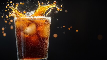 Fototapete - 45-degree topview Isolated on background a whiskey glass with a splash of caramel-colored liquid and crushed ice flying outward on a classic black background with side empty space for text Stockphoto
