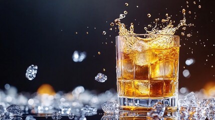 Fototapete - 45-degree topview Isolated on background a whiskey glass with a splash of caramel-colored liquid and crushed ice flying outward on a classic black background with side empty space for text Stockphoto