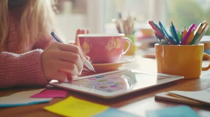 Poster - A person using a tablet to create or design, surrounded by colorful stationery and drinks.