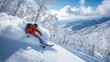 © Zaenal - Skier carving deep powder snow on a sunny mountain slope, surrounded by snow-covered trees and a vast landscape.