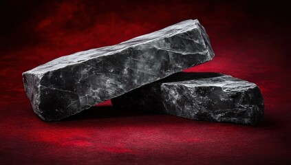 Poster - Two dark, textured stones on a red background, creating a dramatic visual effect.