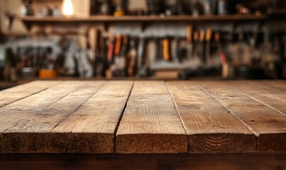 Empty wooden table with blurred background featuring carpenter's tools on the wall, carpenter, tools, wood, table