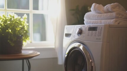 Freshly Laundered Towels Piled Neatly on a Modern Washing Machine Beside a Bright Window with Green Plant and Soft Light Illuminating the Room