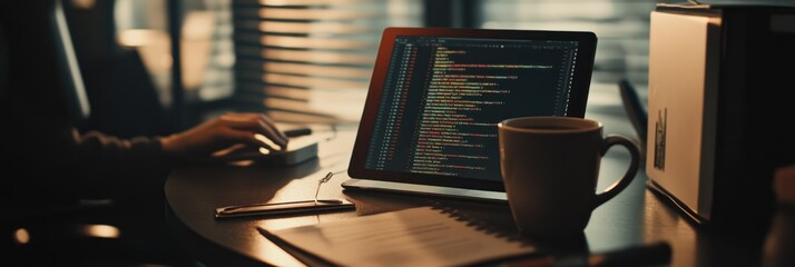 Aufkleber - A laptop displaying code beside a coffee cup and notes in a cozy workspace.