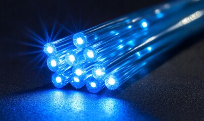Blue fiber optic cable with glowing end light, fiber optic, cable, blue, technology, data, communication, connection