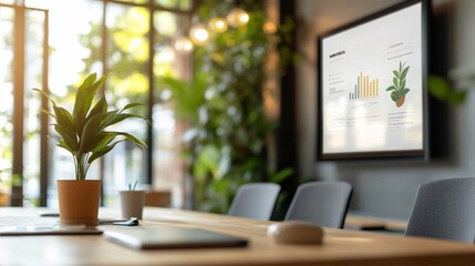 Wall Mural - Modern office meeting room with plants, laptop, and presentation screen.