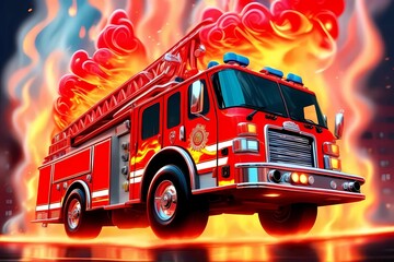 Cartoon fire truck with siren, ladder, hose, and water, speeding through dynamic action