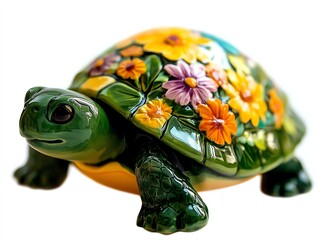 Colorful turtle figurine adorned with flowers on white isolated background