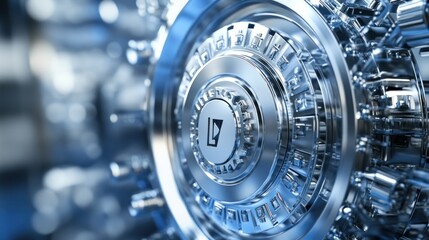 Fototapete - A close-up of a shiny, intricate mechanical component with circular patterns.
