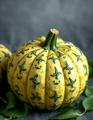 Canvas Print - Decorated pumpkin sits amidst green leaves on a dark surface