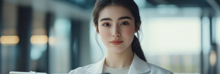 Poster - A young woman in a lab coat holding a tablet, representing scientific research and innovation.