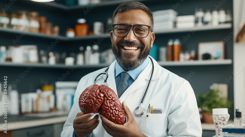 Smiling male doctor in lab coat holding anatomical brain model in ...