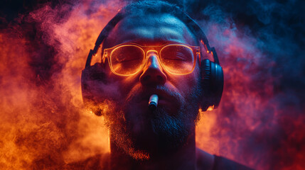 Wall Mural - man with headphones enjoys techno music while smoking, surrounded by colorful smoke. vibrant atmosph