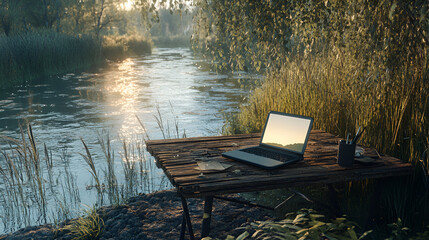 Wall Mural - Rustic workspace on a riverbank with a laptop surrounded by softly flowing water and reeds Copy space