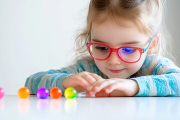 Aufkleber - A young girl with glasses focuses intently on colorful beads arranged on a table.