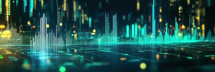A digital landscape showcasing data visualization and abstract technology elements.