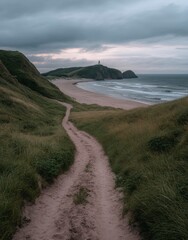 A drone photo of the lighthouse on the coast in Denmark, with a beach and dunes in the background, captured in a cinematic, photorealistic style.,generative ai