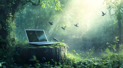 Wall Mural - Simple setup in a small forest clearing laptop on a tree stump surrounded by birds and calm environment Copy space