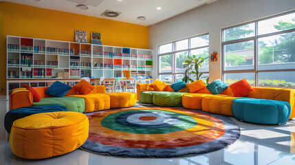 modern and vibrant school library with colorful furniture and bright decor with a white accent, png