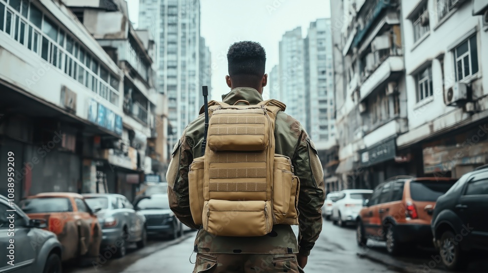 Back view of a soldier wearing camouflage uniform and tactical backpack ...