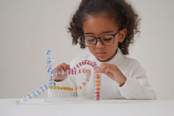 Aufkleber - A child constructs a colorful DNA model using beads and connectors, exploring science concepts.