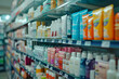 © HQAsset - Rows of colorful bottles and tubes of beauty and personal care products neatly arranged on store shelves.