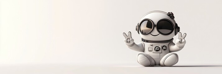 Poster - A cute robot character in headphones making a peace sign, set against a minimalist background.