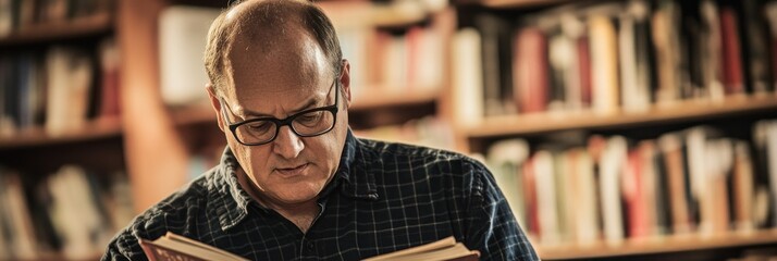 Aufkleber - A man reading a book in a cozy library setting, immersed in thought.