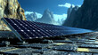 © HQAsset - A 3D rendering of a solar panel array set against a backdrop of majestic mountains, showcasing the potential of renewable energy in breathtaking natural environments.