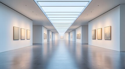 Wall Mural - Contemporary art gallery space with minimalist white walls, natural skylight illumination, polished concrete floors, and professional museum-quality lighting design.