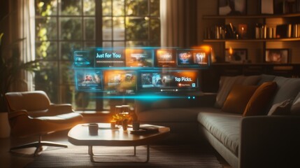 Poster - In a warm living room filled with natural light, a sleek display presents curated streaming options. Comfortable furniture invites relaxation while technology enhances entertainment choices.
