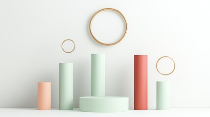 Fototapete - Abstract composition of cylindrical shapes and circles in soft colors against a minimal backdrop.