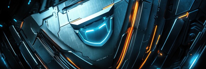 Fototapete - Futuristic metallic surface with glowing accents and intricate details.