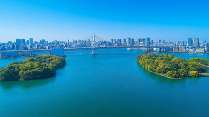 Wall Mural - Panoramic view of cityscape, bridge, and islands.