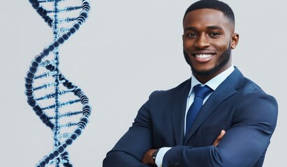 Poster - A smiling man in a suit stands next to a DNA helix, symbolizing science and professionalism.