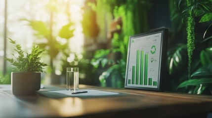 Poster - A workspace with greenery, featuring a chart display and a glass of water.