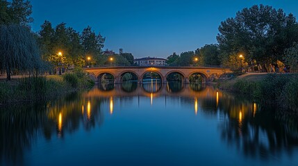 Wall Mural - Serene twilight view of a stone arch bridge reflecting in calm river water, illuminated by streetlights.