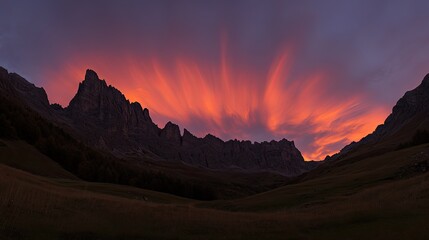 Wall Mural - A dramatic mountain range silhouetted against a vivid twilight sky, with streaks of orange and pink.