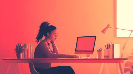 Wall Mural - Woman sitting at a clutter free desk with wireless devices in deep concentration on her screen surrounded by productivity