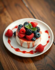 Wall Mural - Creamy dessert topped with fresh raspberries, blackberries, and blueberries sits on a white plate atop a dark wood table